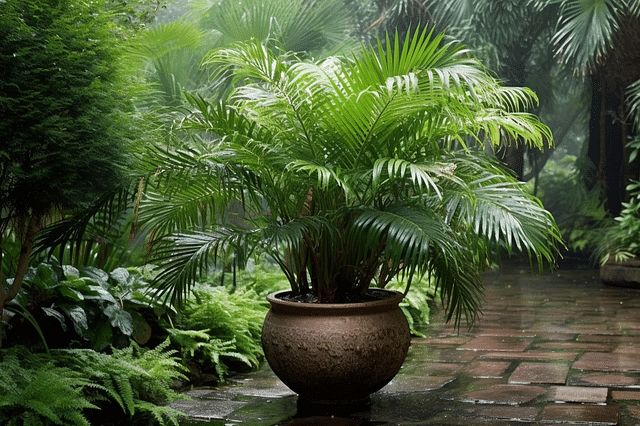 An Areca palm in the rain outdoors
