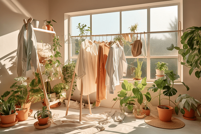 Clothes drying next to plants