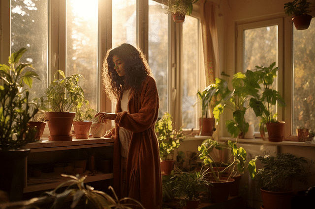 Houseplants near a window in the fall/autumn