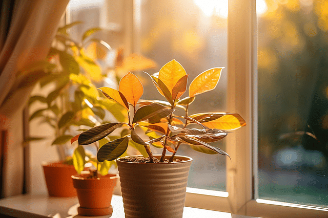 Houseplants in the windowsill in autumn