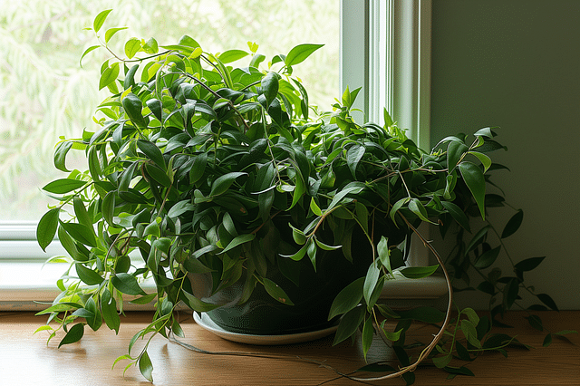 Overgrown houseplant in windowsill