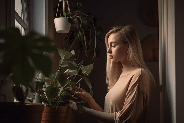 Plant owner checking the plant in the pot