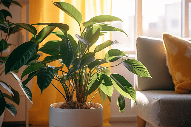 Small houseplant in a darker living room