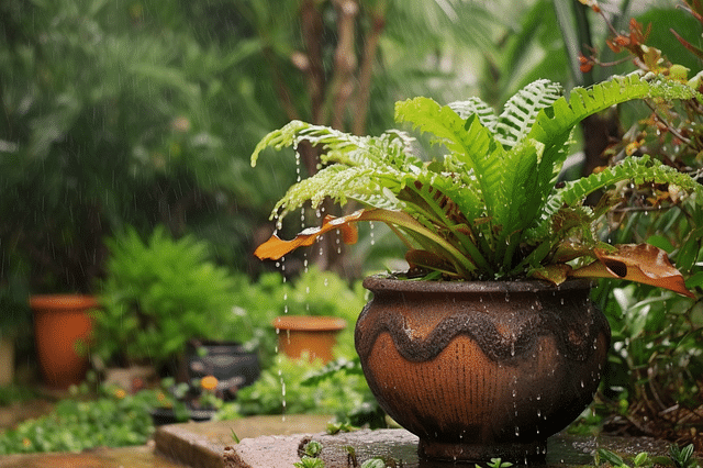 Wilting fern in the rain