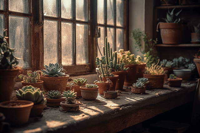 Windowsill filled with succulents