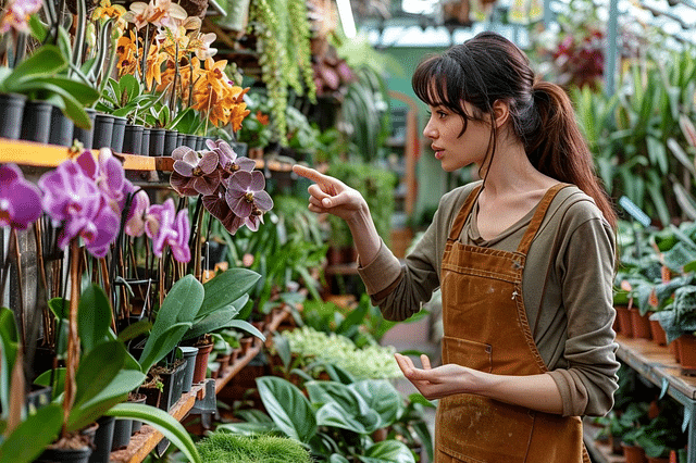 Woman pointing at orchids