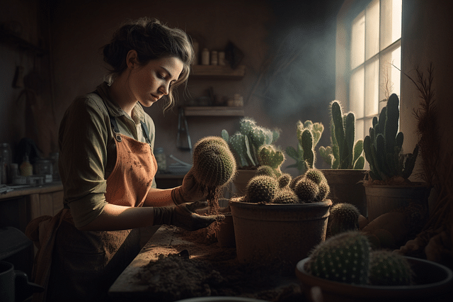 Woman repotting a cactus