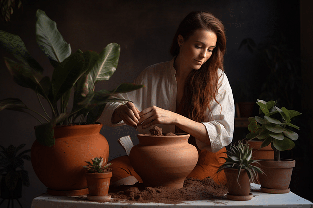 Woman repotting a plant